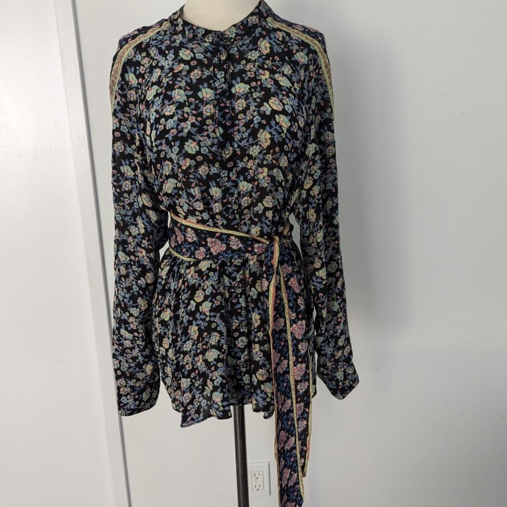 Free People Floral Print Belted Top in Black Blue Yellow Pink